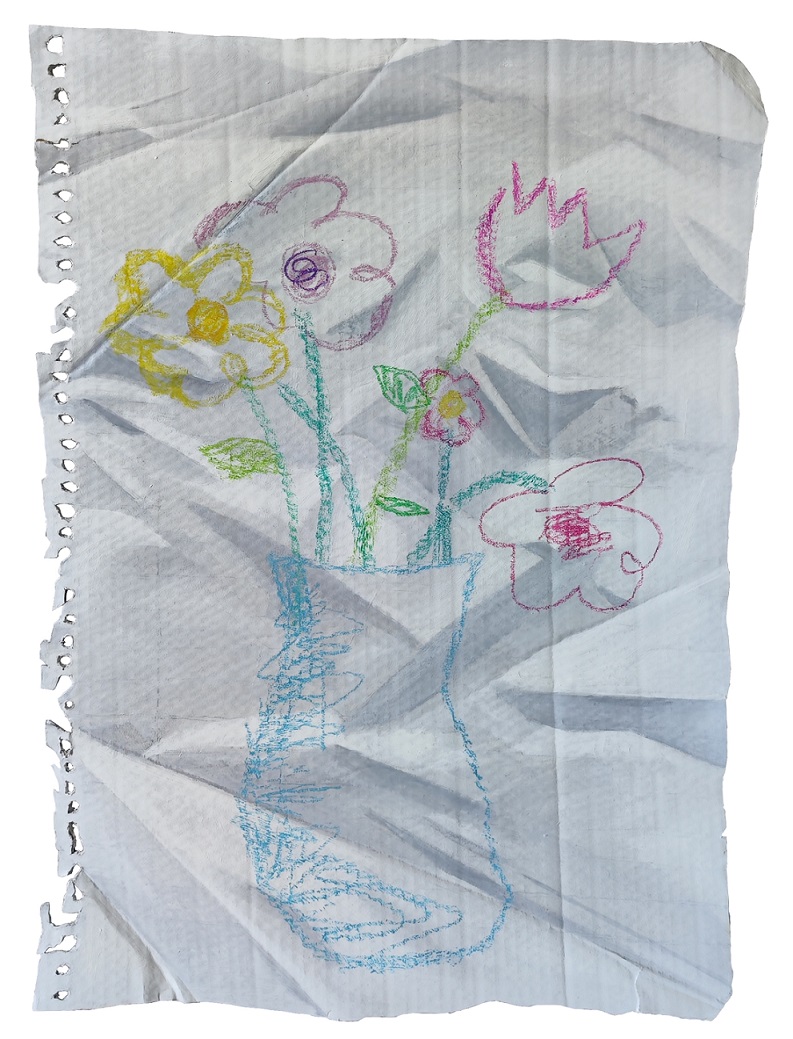 Obra de arte en cartón simulando hoja de papel con dibujo infantil de un jarrón con flores
